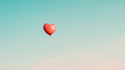 Fototapeta premium Red Heart-Shaped Balloon Floating in Clear Blue Sky on a Sunny Day