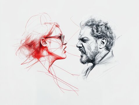 recommend clip art: Abstract Line Art of a Man and Woman in a Heated Argument with Red and Black Ink on White Background
