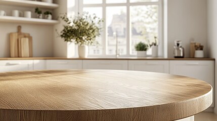 A clean, bright kitchen with a round wooden counter ready for showcasing products.  The counter is empty and perfect for displaying items.