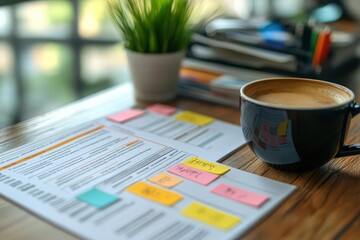 Business plan template on a desk with sticky notes and coffee, planning session