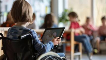 A child in a wheelchair holding a tablet in a classroom, symbolizing technology, learning, and inclusion for disabled students.
