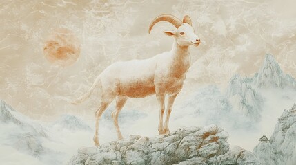 Chinese Zodiac Goat in Gentle Earth Tones: A serene goat, depicted in gentle earth tones, standing on a mountain with traditional Chinese landscape elements.
