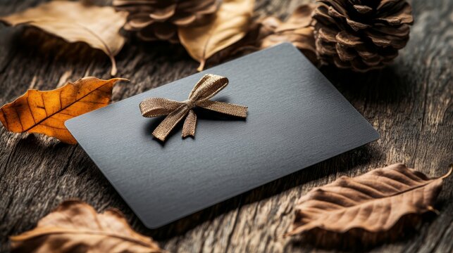 Elegant black gift card adorned with a bow, surrounded by autumn leaves and pine cones, perfect for seasonal celebrations.