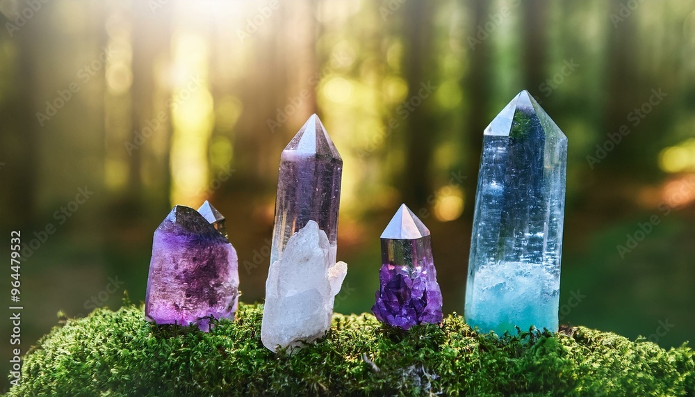 Wall mural excellent minerals towers close up in forest, mysterious natural background. fluorite quartz gemstones for Magic healing Crystal Ritual, Witchcraft. spiritual esoteric practice for soul, mind relax.