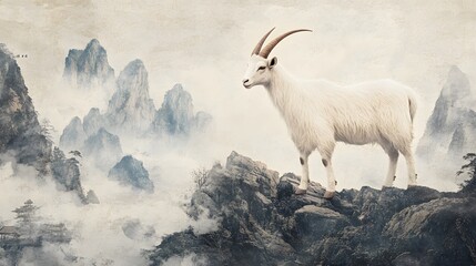 Fototapeta premium Chinese Zodiac Goat in Gentle Earth Tones: A serene goat, depicted in gentle earth tones, standing on a mountain with traditional Chinese landscape elements. 