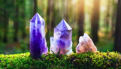 excellent minerals towers close up in forest, mysterious natural background. fluorite quartz gemstones for Magic healing Crystal Ritual, Witchcraft. spiritual esoteric practice for soul, mind relax.