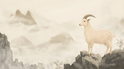 Fototapeta premium Chinese Zodiac Goat in Gentle Earth Tones: A serene goat, depicted in gentle earth tones, standing on a mountain with traditional Chinese landscape elements. 