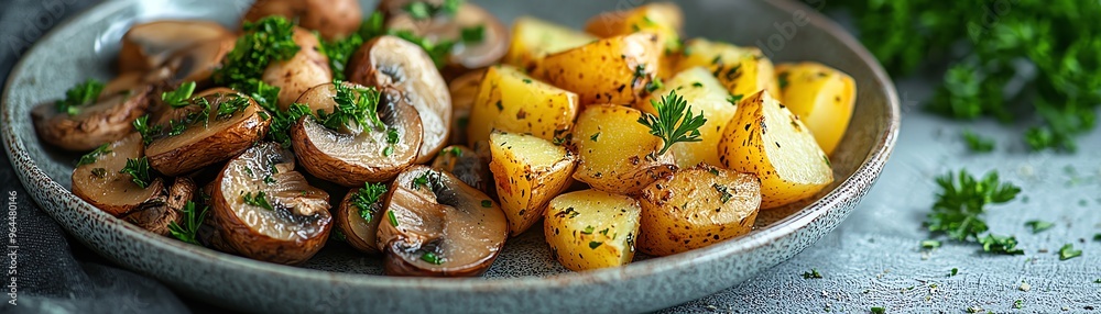 Wall mural delicious roasted potato and sauteed mushroom dish garnished with fresh herbs on a stylish plate.