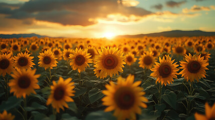 Obraz premium field of yellow sunflowers, autumn landscape, seasonal background, harvest, agriculture, flowers, fall, plants, nature, september, october, horizontal illustration, seeds, bloom, petals, growth