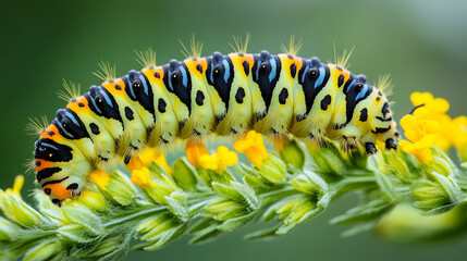 Naklejka premium A stunning close-up shot of a swallowtail butterfly caterpillar. It will eventually transform into a beautiful monarch butterfly.