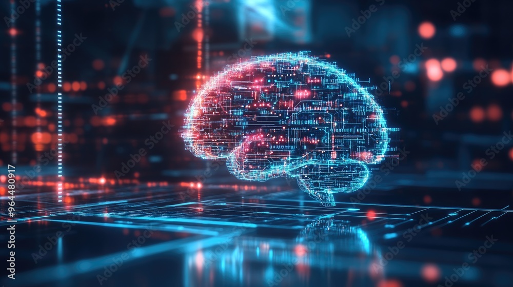 Poster a high-tech interface displaying a human brain with digital circuitry and binary code flowing throug