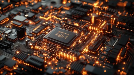 A hyper-realistic graphic of a computer circuit board with intricate components, glowing connections, and detailed metallic textures.