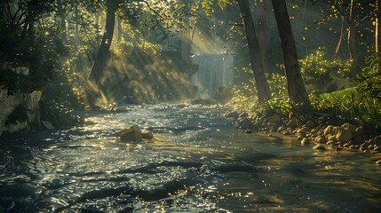 Sunbeams Illuminating a Forest Stream