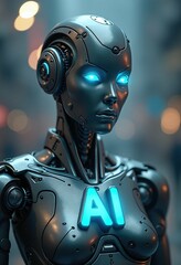 A Dazzling AI Robot with Illuminated Features Stands Out in a Dynamic, Technological Environment