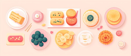 Flat vector art showing Chuseok foods like songpyeon and jeon neatly arranged on a traditional table setting. Muted pastel colors and soft shadows enhance the presentation