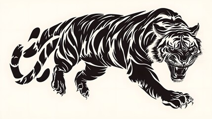 Obraz premium Chinese Zodiac Tiger in Black and White: A fierce tiger, illustrated in a bold black and white style, with sharp lines and dynamic poses capturing its agility and courage. 