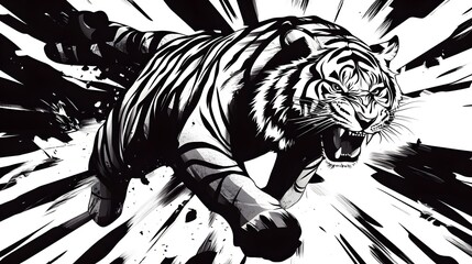 Chinese Zodiac Tiger in Black and White: A fierce tiger, illustrated in a bold black and white style, with sharp lines and dynamic poses capturing its agility and courage.
