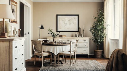 A stylish dining room with a table, chairs, a dresser, decorative items, and personal touches. The walls are beige.