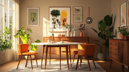 Fototapeta premium A stylish dining room with a table, chairs, a dresser, decorative items, and personal touches. The walls are beige.