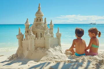 Sandcastle by the beach built by two children on a sunny day, perfect for vacation and travel promotions, beach resorts, family activities, and summer holiday advertisements