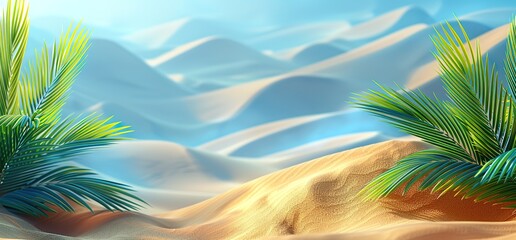 Beautiful desert landscape with palm trees and sand dunes under a clear blue sky. Perfect for travel, nature, or adventure themed projects.