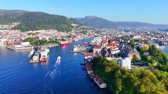 Bergen old town and Nordnes aerial drone shot, Norway