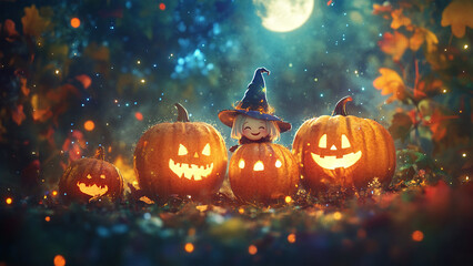 Fototapeta premium Halloween Night Magic: Enchanted Pumpkins and Moonlight Background Wallpaper with Bokeh Lights for Festive Celebrations and Seasonal Decorations