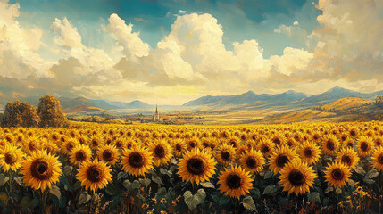 Obraz premium field of yellow sunflowers, autumn landscape, seasonal background, harvest, agriculture, flowers, fall, plants, nature, september, october, horizontal illustration, seeds, bloom, petals, growth
