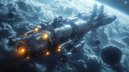 Naklejka premium fantasy spaceship flying in space