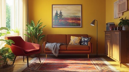 A comfy living room with a cozy vibe. It has a stylish rug, a wooden cabinet, a plant, yellow walls, a red armchair, a brown sofa, and personal touches. It's a great example of home decor.