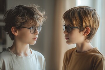 Two young boys with glasses, engaged in conversation, natural lighting, indoors, depth of field emphasizing their expressions, suitable for childhood friendship, connection, education themes