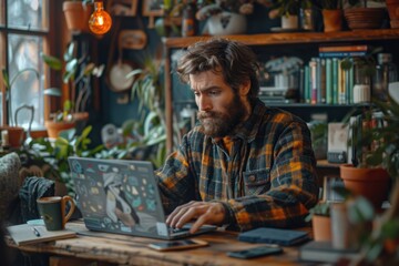 Focused young man working on laptop in a cozy indoor space surrounded by plants and books during the afternoon light