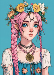 A young woman with fantastical features that are a mix of human and animal. She is wearing bohemian clothing with simple floral decorations around her head, and her hair is neatly braided.