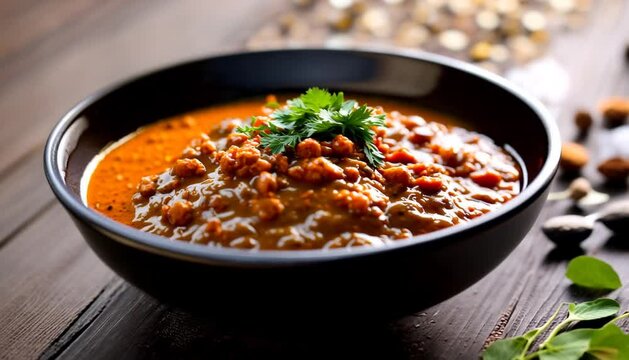 Indian dhal spicy curry in bowl, spices, herbs, rustic black wooden table
