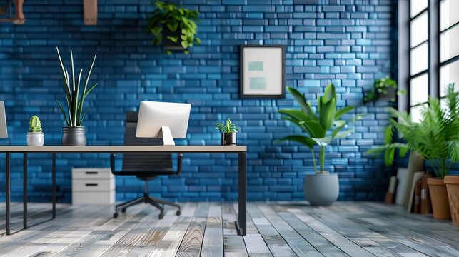 Modern office with blue accent walls and stylish furniture
