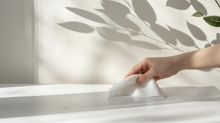 Hand wiping surface with disinfectant wipe and blank background