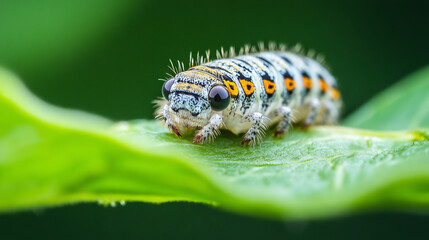 Fototapeta premium A tiny caterpillar munching on a green leaf. The close-up image shows the caterpillar's detailed features as it eats.