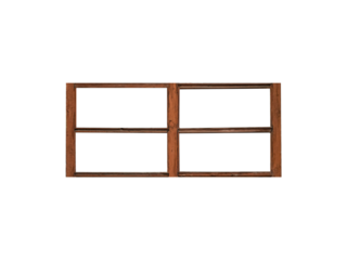 Oblong brown wooden window of horizontal orientation with four sections is isolated.