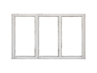 An elongated white wooden window of horizontal orientation with three vertical sections is isolated