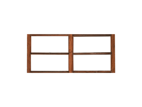 Oblong brown wooden window of horizontal orientation with four sections is isolated.