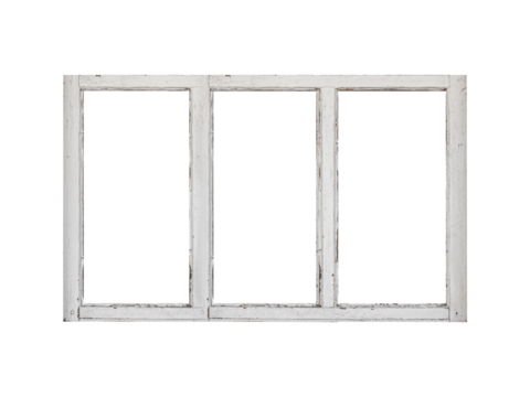 An elongated white wooden window of horizontal orientation with three vertical sections is isolated