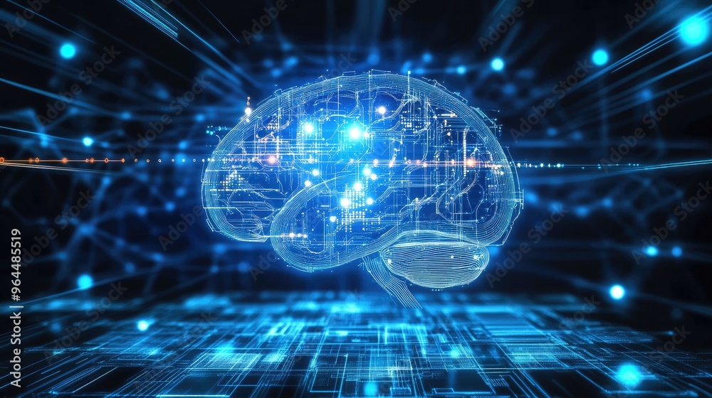 Poster a futuristic hologram of a brain with digital signals flowing through it, controlled by a nearby com