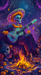 Floral Adorned Skeleton Guitarist by Bonfire with Marigold Garlands - Floral Shadows Days Of The Dead - Vibrant and Symbolic Illustrations
