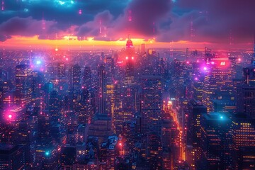 Vibrant city skyline at sunset showcasing colorful lights illuminating urban landscape