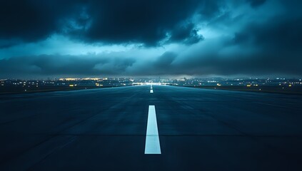 Fototapeta premium Runway leading towards city lights under dramatic night sky.