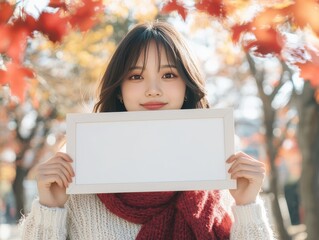 Fototapeta premium Young Woman Holding Blank Sign in Autumn Park