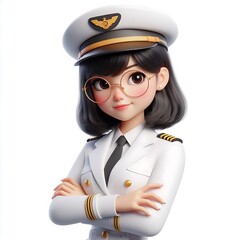 3D Render Cute Female Pilot in White Uniform with Glasses, Clean and Simple Design on Solid White Background