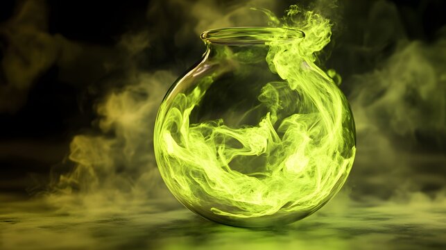Chlorine Gas Cloud: A representation of chlorine gas as a greenish-yellow cloud swirling in a transparent container, with a sense of toxic danger.
