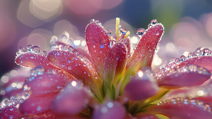 Close-up photo showing a flower covered in sparkling dewdrops.