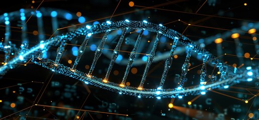 3D rendered illustration of a DNA double helix, a fundamental structure of life. The image is rendered in a futuristic style, with bright colors and glowing particles.
